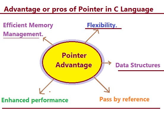 Advantage or pros of pointer Efficient memory management,Flexibility, Enhanced performance,Pass by reference, Data structures .